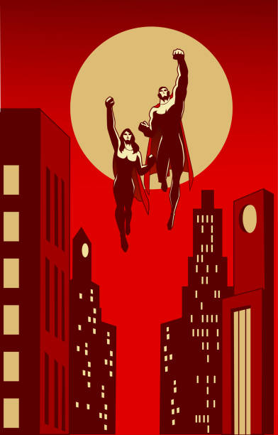 Vector Retro Superhero Couple Silhouette Flying in The City A vector silhouette style illustration of a couple of superheroes, flying in a city setting. decoteau stock illustrations