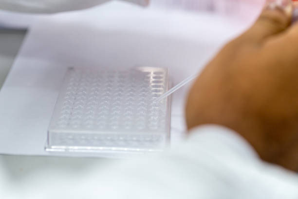 istock Backgrounds of Science research with 96 wells microplate for laboratory testing. 917228964