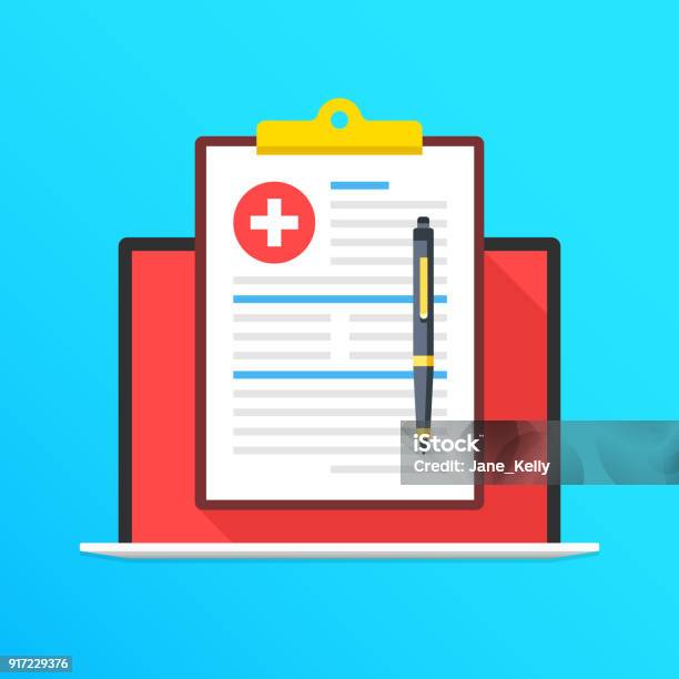 Health Insurance On Laptop Screen Notebook And Clipboard With Medical Record And Pen Online Document Filling Application Form Concepts Modern Long Shadow Flat Design Graphic Elements Vector Illustration Stock Illustration - Download Image Now
