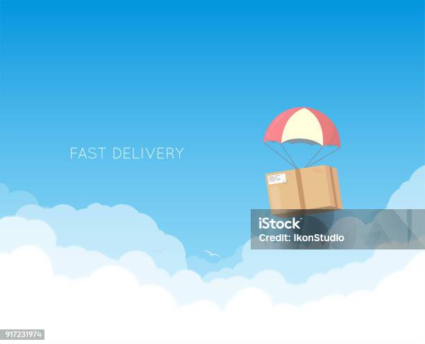 Delivery With Parachute Stock Illustration - Download Image Now - Cloud - Sky, Box - Container, Sky