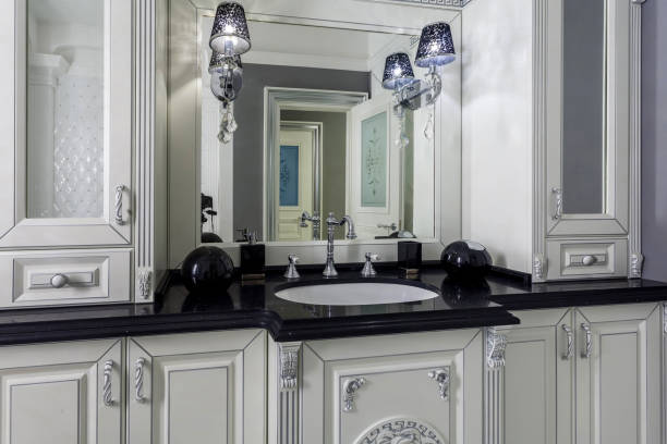 istock Classic bathroom with minimalistic white and gray interior design 917232554