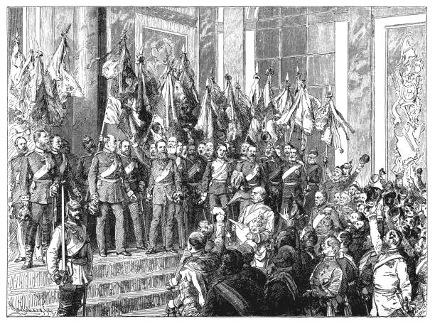 The Proclamation of the German Empire (18 January 1871) in the Hall of Mirrors of Versailles Palace, France Illustration of a The Proclamation of the German Empire (18 January 1871) in the Hall of Mirrors of Versailles Palace , France palace of versailles stock illustrations
