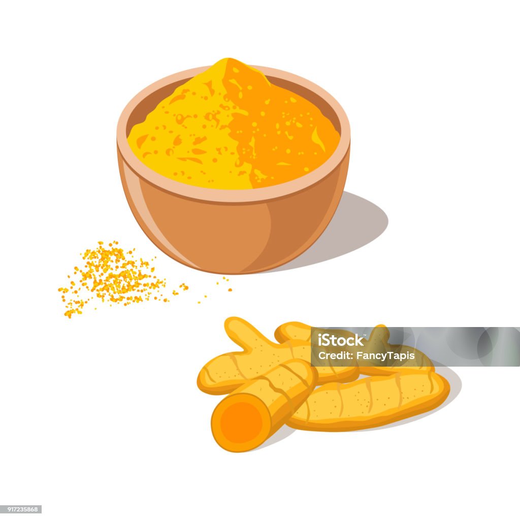 Turmeric Root with Powder in Bowl Turmeric root with powder in bowl. Curcima spice. Curcumin isolated on white background. Vector illustration flat design Turmeric stock vector