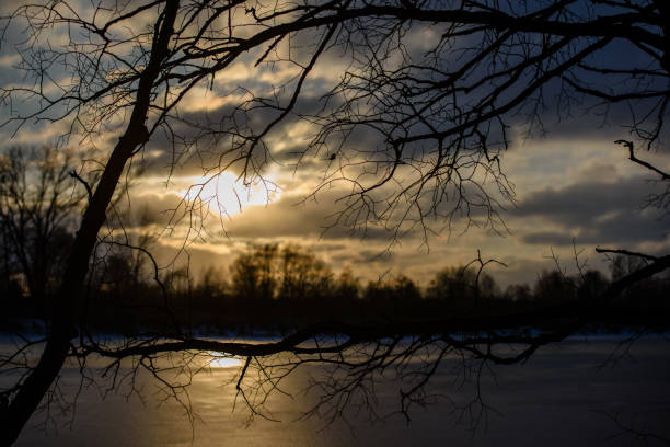 colorful winter sunset on frozen river ice with tree silhouettes and blur background