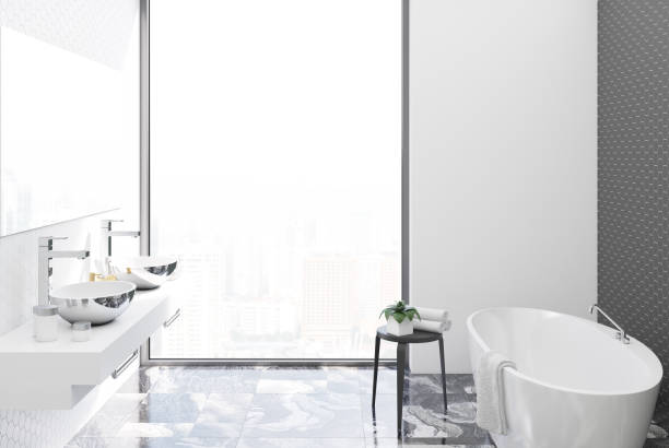 istock White and black bathroom, metal sinks 917237584
