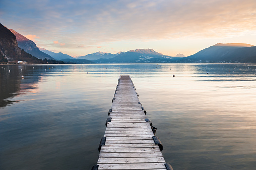 Annecy lake in French Alps at sunset. Beautiful landscape