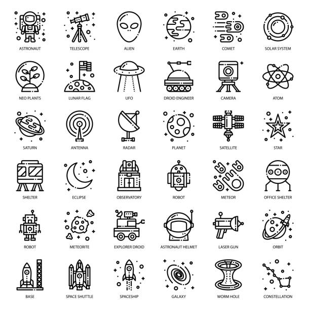 Astronomy Astronomy, pixel perfect outline icon, isolated on white background astronaut symbols stock illustrations