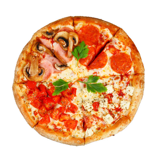 istock Pizza with pepperoni, champignons, tomato and cheese isolated on white background. 917252634
