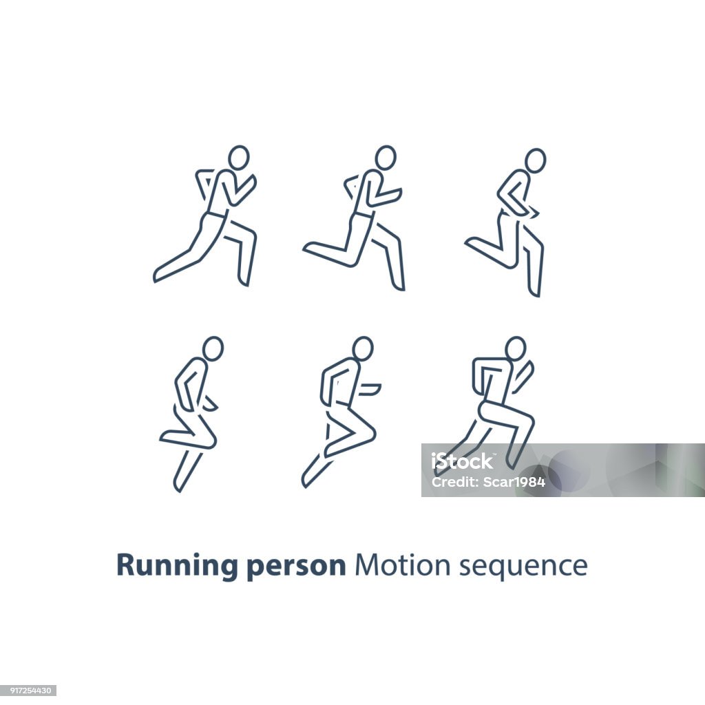 Corredor, executando o ícone de linha de pessoa, o conjunto de sequência de movimento, o conceito de maratona e triatlo - Vetor de Correr royalty-free