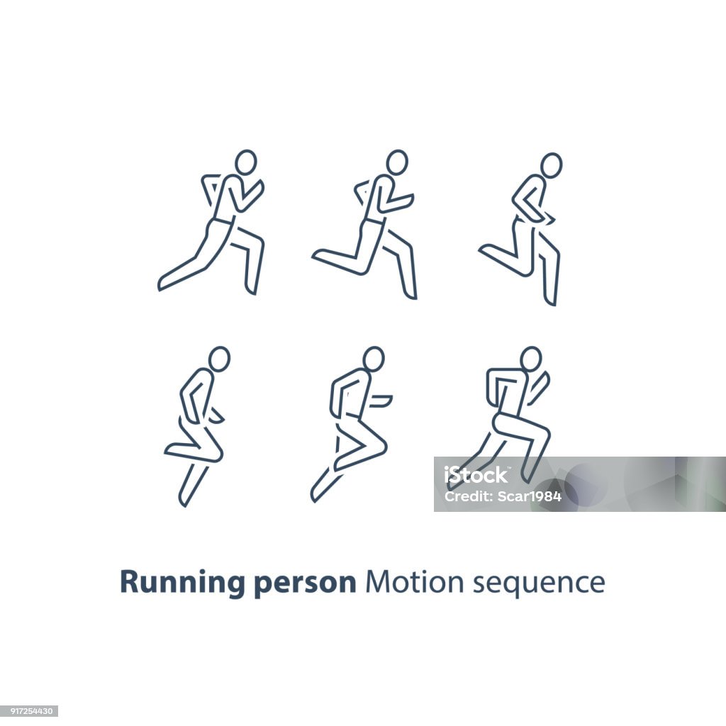 Runner , running person line icon, motion sequence set, marathon and triathlon concept Running person side view line icon, motion sequence set, outline runner , marathon and triathlon running concept, vector thin stroke linear design Running stock vector