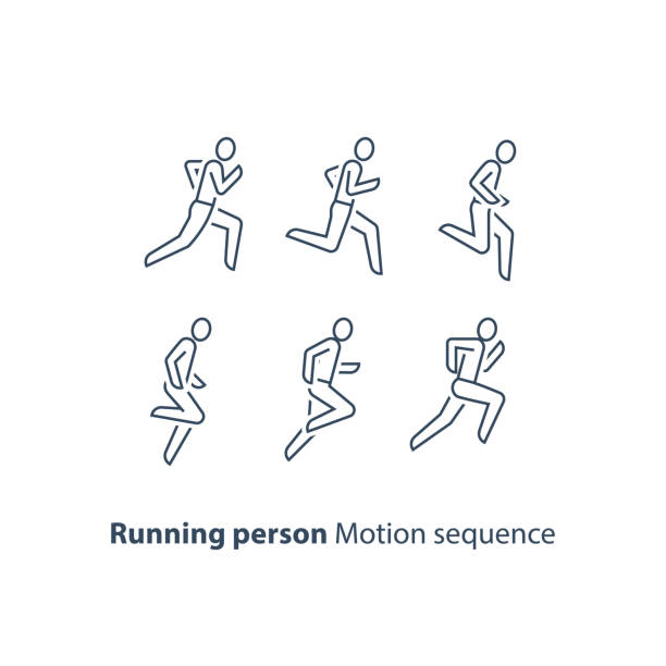 Runner , running person line icon, motion sequence set, marathon and triathlon concept Running person side view line icon, motion sequence set, outline runner , marathon and triathlon running concept, vector thin stroke linear design marathon icons stock illustrations