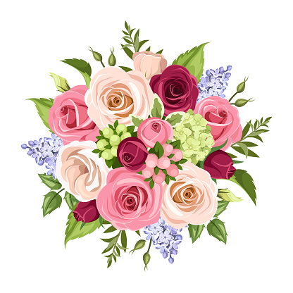 Vector bouquet of pink, white, purple and blue roses, lisianthuses and lilac flowers isolated on a white background.