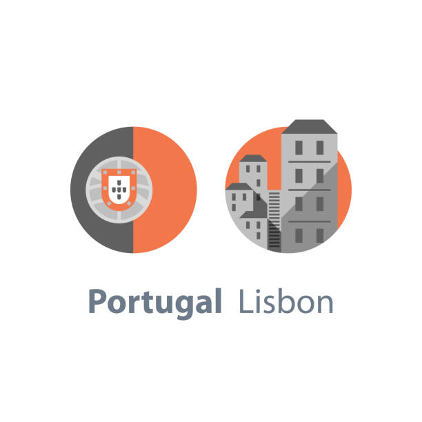 리스본, 여행 목적지, 포르투갈, 둥근 국기, 관광 개념, 집의 그룹 - portuguese culture lisbon portugal portugal flag stock illustrations