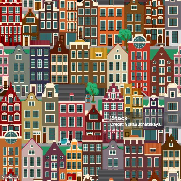 City Streets With Old Buildings Seamless Pattern Stock Illustration - Download Image Now - House, Amsterdam, Apartment