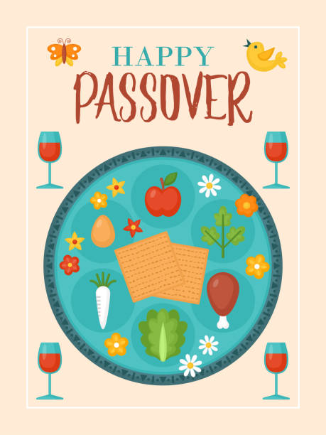 illustrazioni stock, clip art, cartoni animati e icone di tendenza di design del biglietto d'auguri per le vacanze di pasqua - passover seder table judaism