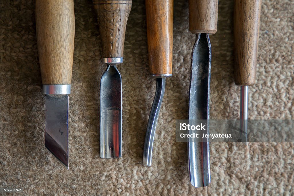 Joinery Work Wood Carving Chisels For Carving Close Up Small Depth Of Field  Stock Photo - Download Image Now - iStock