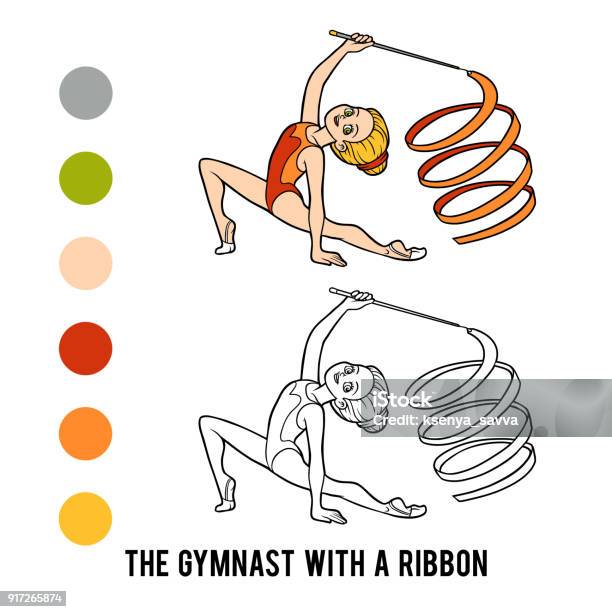 Coloring Book The Gymnast With A Ribbon Stock Illustration - Download Image Now - Adult, Black And White, Book