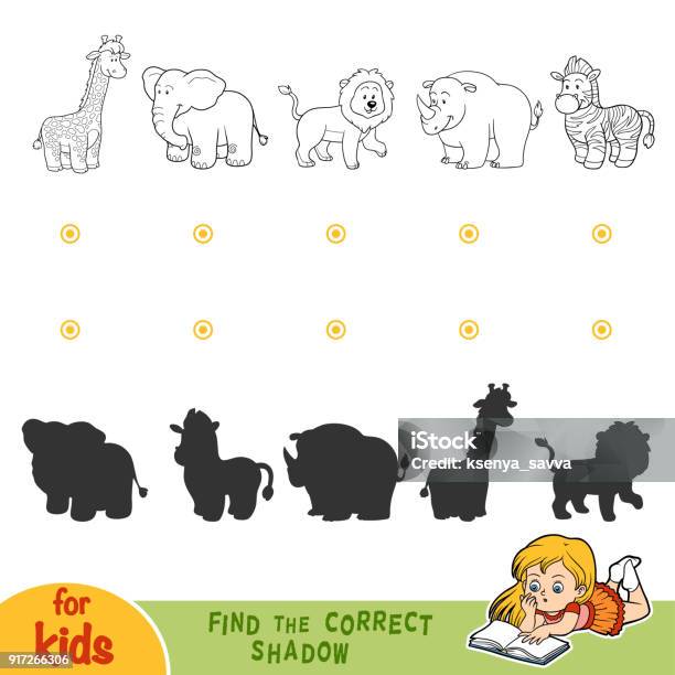 Find The Correct Shadow Black And White Safari Animals Stock Illustration - Download Image Now