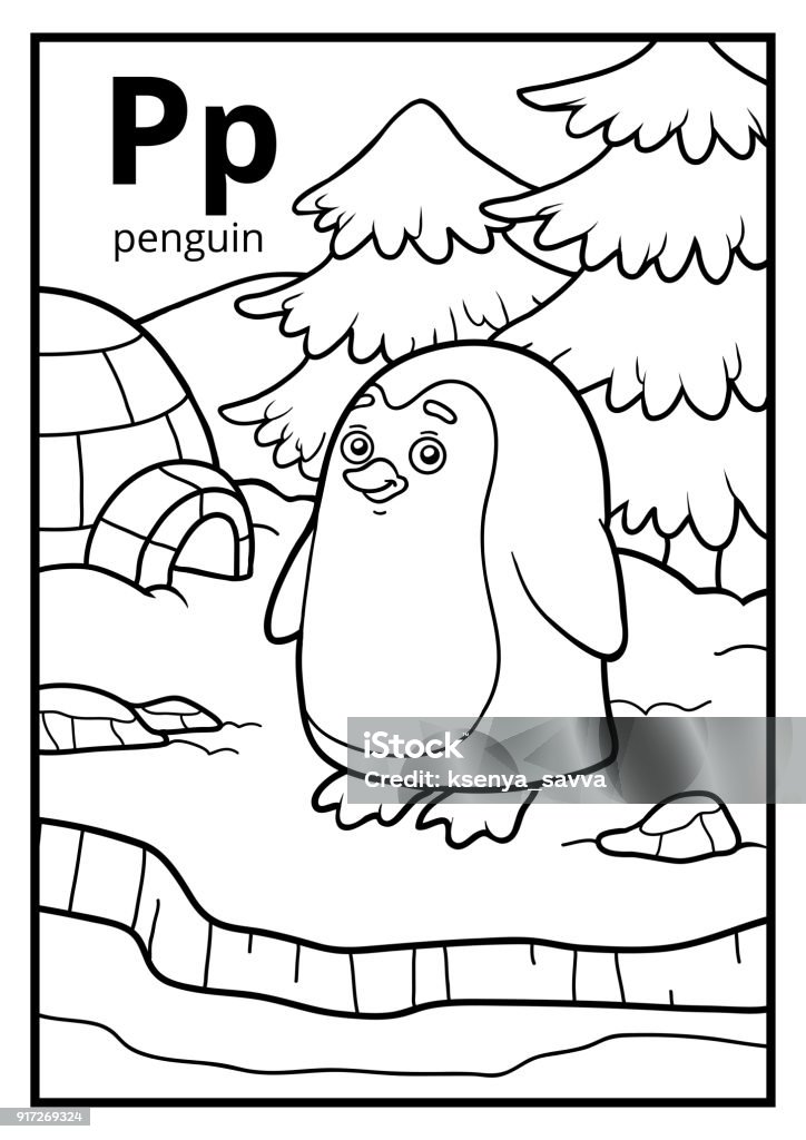 Coloring book, colorless alphabet. Letter P, penguin Coloring book for children, colorless alphabet. Letter P, penguin Coloring Book Page - Illlustration Technique stock vector