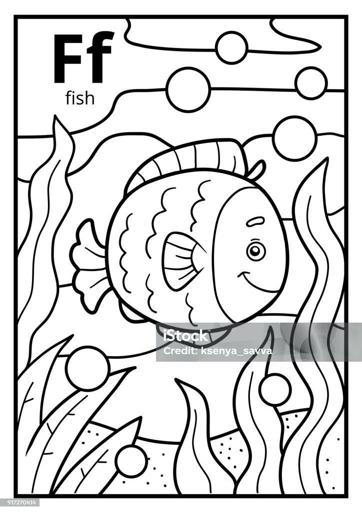 Coloring book, colorless alphabet. Letter F, fish Coloring book for children, colorless alphabet. Letter F, fish Alphabet stock vector