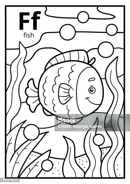 Coloring Book Colorless Alphabet Letter F Fish Stock Illustration - Download Image Now - Alphabet, Animal, Aquarium