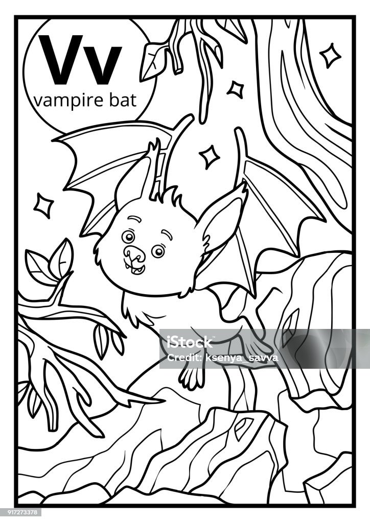 Coloring book, colorless alphabet. Letter V, vampire bat Coloring book for children, colorless alphabet. Letter V, vampire bat Alphabet stock vector