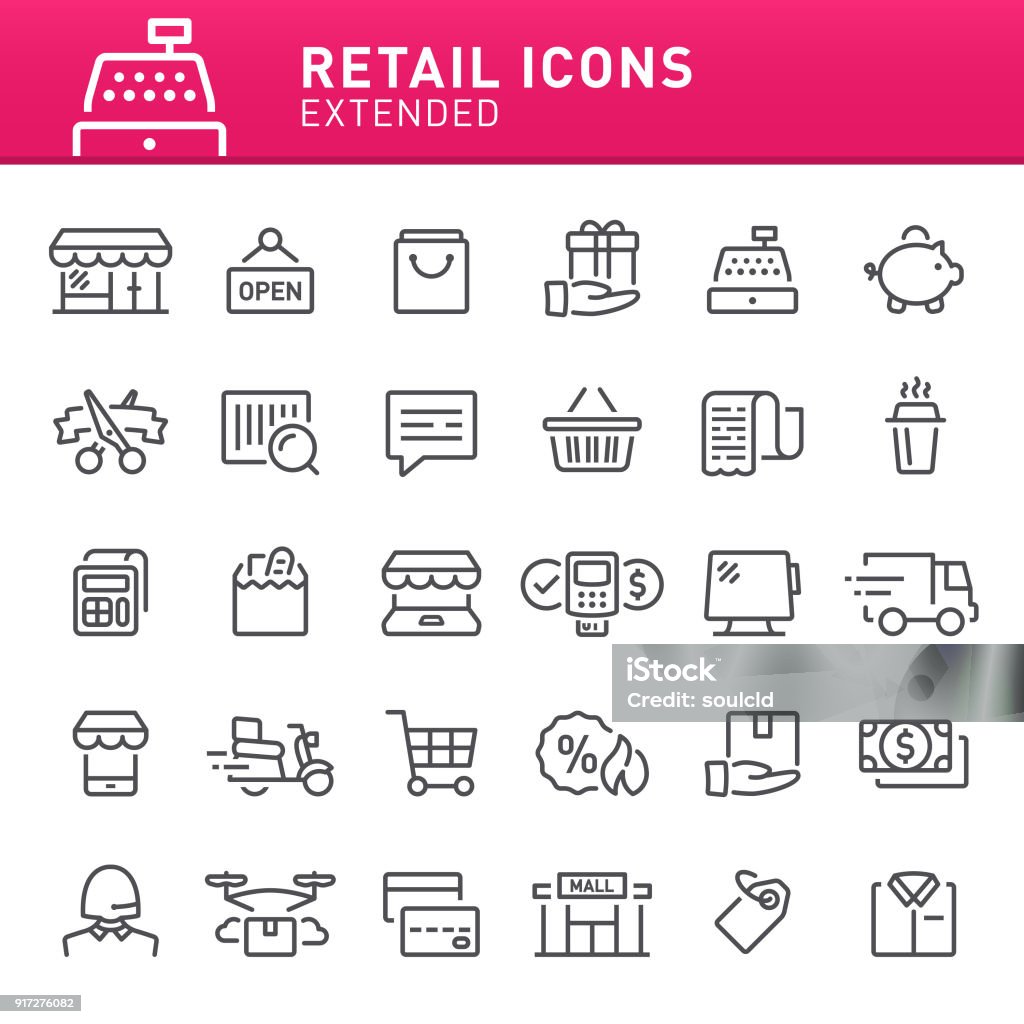 Retail Icons Shopping, retail, shop, e-commerce, icon set, icon, cash register, shopping bag, store Icon Symbol stock vector
