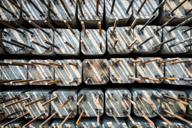 construction concrete stake with steel bar in storage