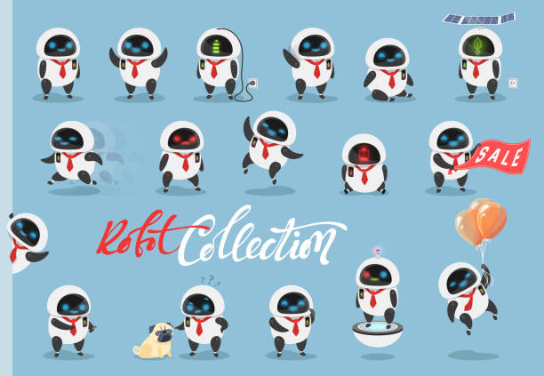 Cartoon characters robots Set of cartoon characters robots. Flat icons cartoon robot images stock illustrations