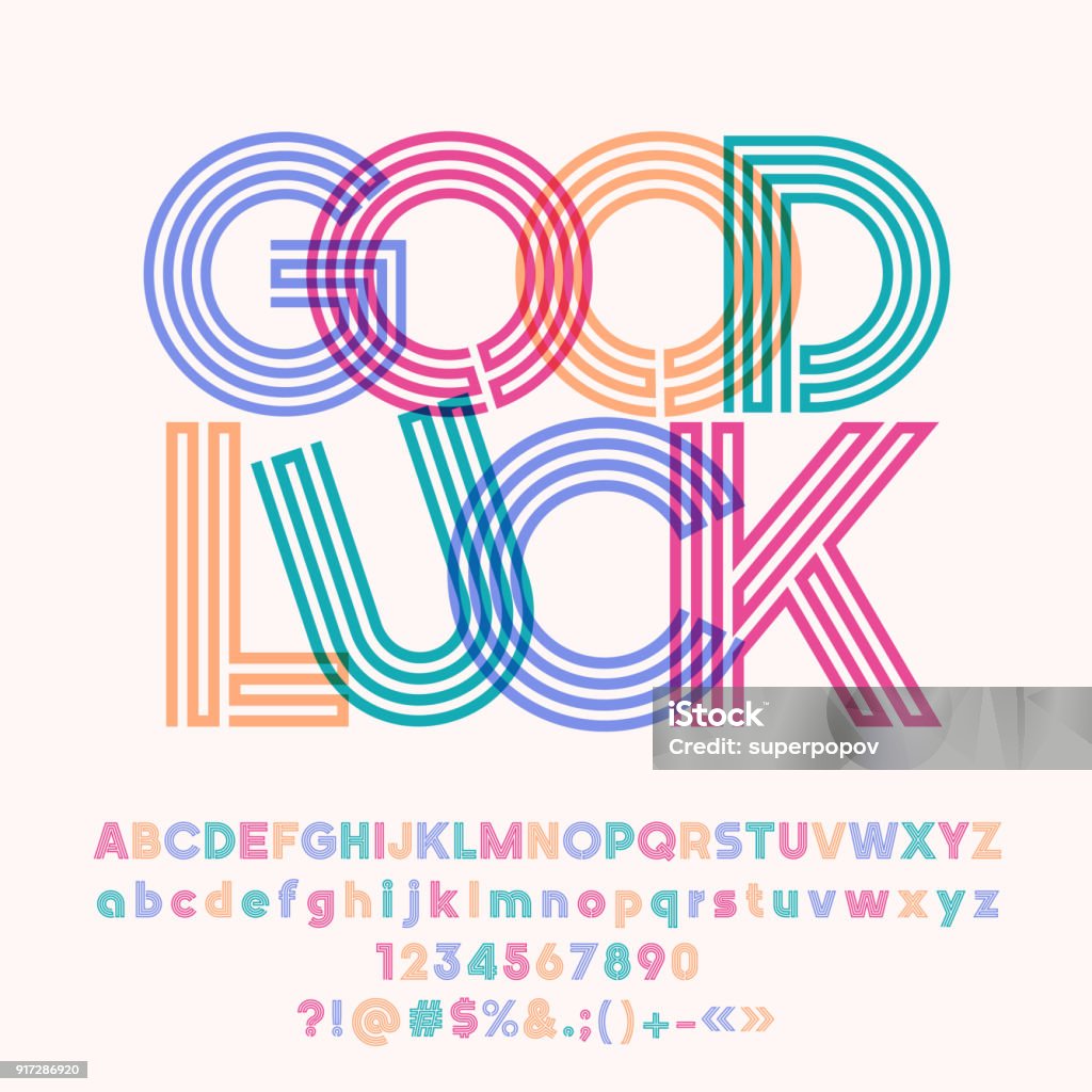 Vector colorful poster Good Luck with Alphabet Set of cool tube Alphabet letters, Numbers and Symbols Typescript stock vector
