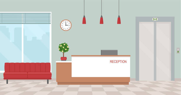 ilustrações de stock, clip art, desenhos animados e ícones de office interior with reception and waiting area. - rececionista ilustrações