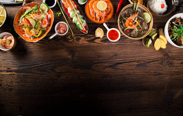 istock Various of asian meals on rustic background , top view , place for text 917291128
