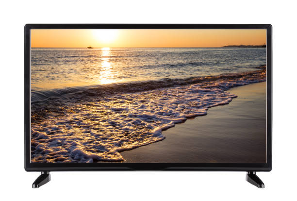 istock Modern black TV with  sea landscap 917291404