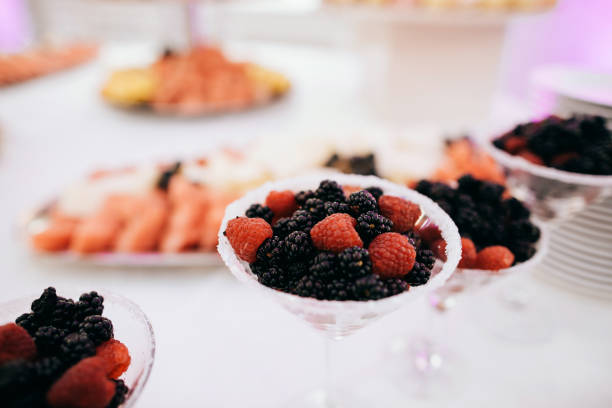 istock Catering service. Fresh raspberry and blackberry dessert 917292130