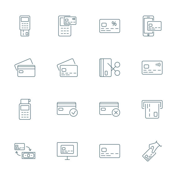 ilustraciones, imágenes clip art, dibujos animados e iconos de stock de tarjeta de crédito conjunto de estilo de esquema de iconos de vector - credit cards