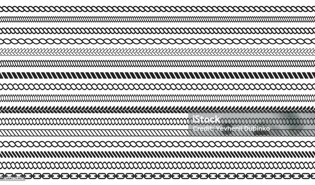 Set of rope and chain brushes. Seamless nautical rope and chain stripes isolated on background Set of rope and chain brushes. Seamless nautical rope and chain stripes isolated on background. Vector Rope stock vector