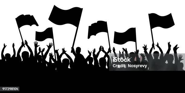 Applause Crowd Silhouette Cheerful People Sports Fans With Flags Stock Illustration - Download Image Now