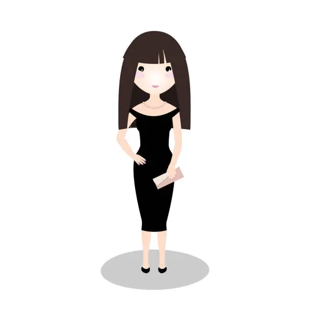 Vector illustration of Young asian girl wearing a little black dress.