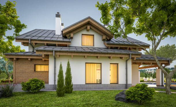 istock 3d rendering of modern cozy house in chalet style 917299036