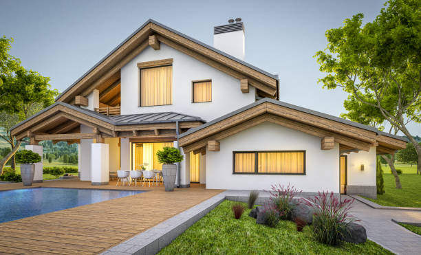 istock 3d rendering of modern cozy house in chalet style 917299236