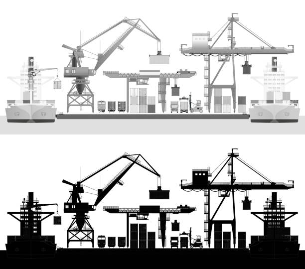 Sea trade port, container ship in cargo harbor. Vector Sea trade port, container ship in cargo harbor. Vector illustration, isolated on white. Black and white silhouette Harbor stock illustrations
