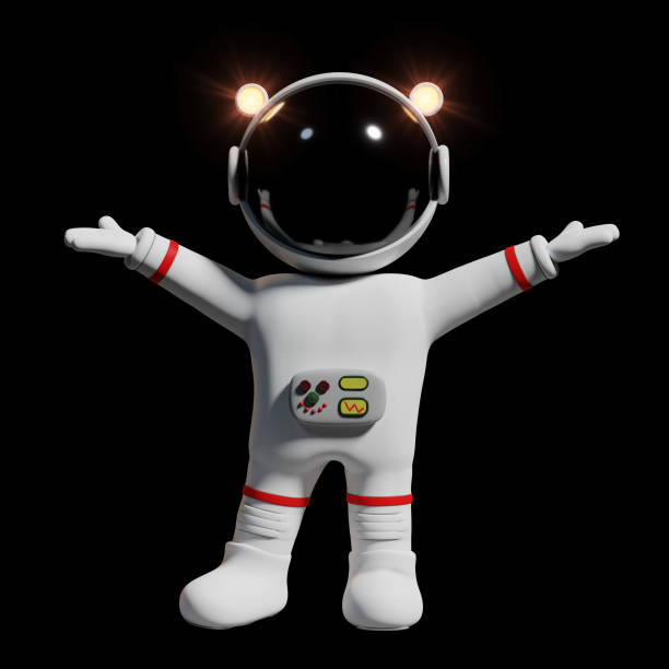 istock astronaut with raised hands, 3d cartoon character presenting (3d rendering isolated on black background) 917302530