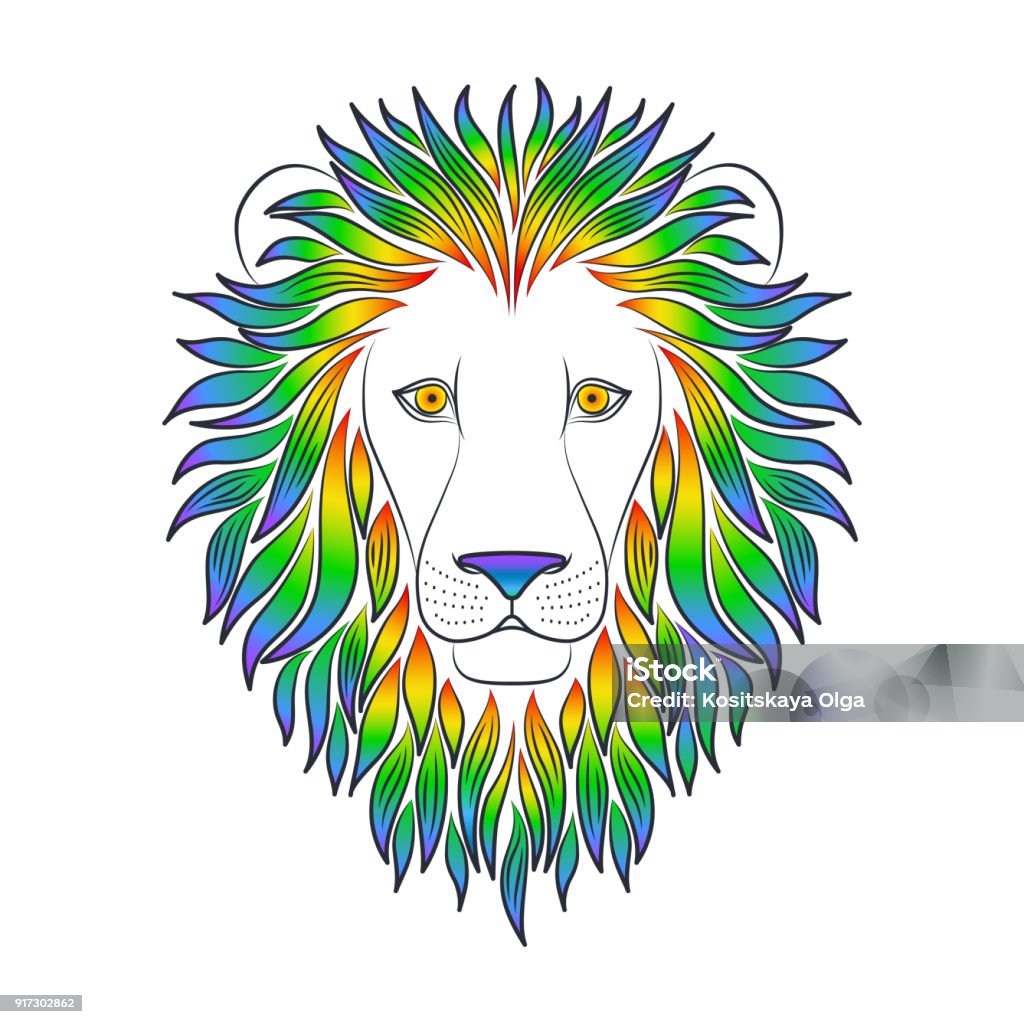 Isolated black outline head of lion with iridescent mane on white background. Rainbow line cartoon king of animals portrait. Curve lines. Isolated black outline head of lion with iridescent mane on white background. Rainbow line cartoon king of animals portrait. Curve lines Lion - Feline stock vector