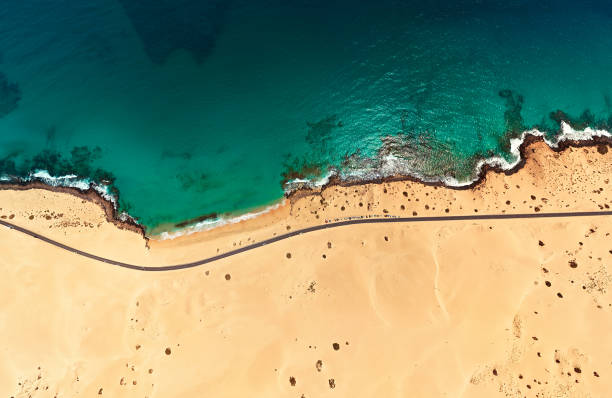 luftaufnahme von beach in corralejo park, fuerteventura, kanarische inseln - fuerteventura stock-fotos und bilder