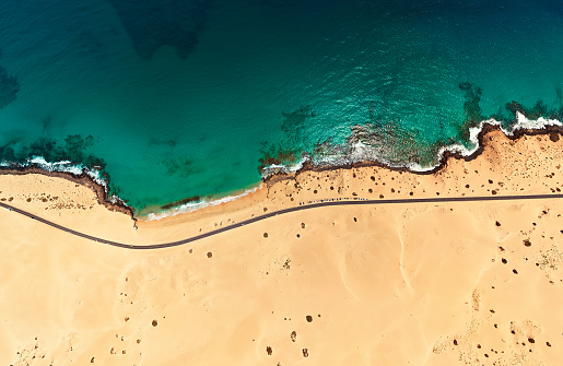 Aerial view of beach in Corralejo Park, Fuerteventura, Canary Islands