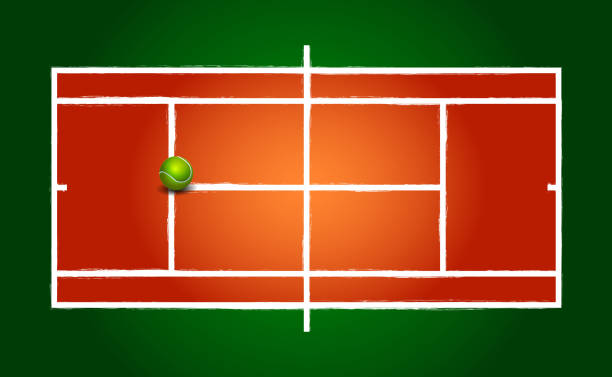 ilustrações de stock, clip art, desenhos animados e ícones de clay tennis court and ball - tennis court aerial view vector