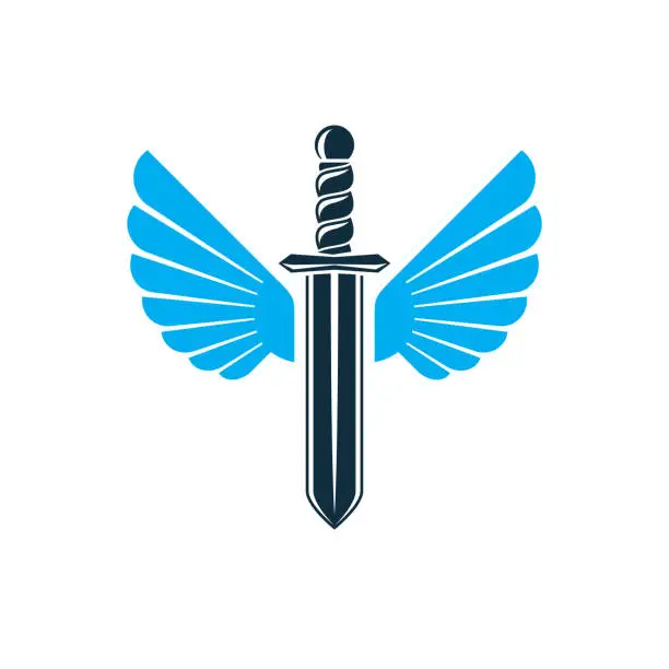 Vector illustration of Vector graphic illustration of sword created with bird wings, battle and security metaphor symbol. Seraph vector emblem.