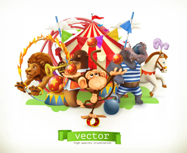 cyrk, śmieszne zwierzęta. małpa, lew, koń, hipopotam. wektor 3d - circus animal stock illustrations