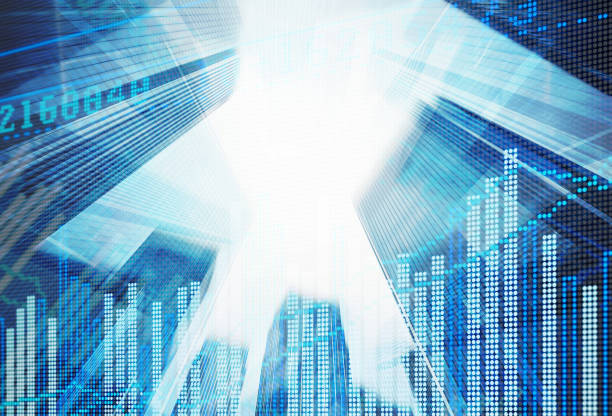Double explosure with businesss charts and financial district of
