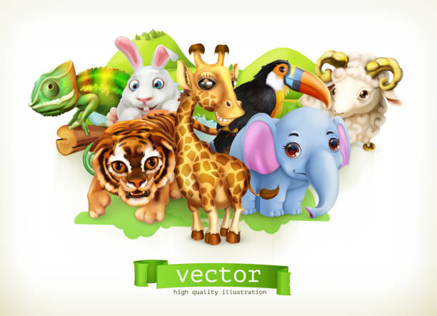 istock Funny animal set. Happy bunny, rabbit, cute unicorn, small dragon, baby elephant, giraffe, dinosaur. 3d vector icon 917311054